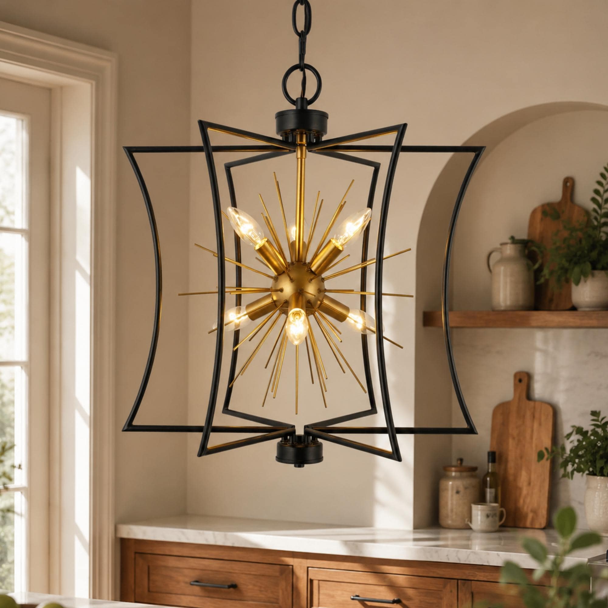 20.5" D Modern Farmhouse Black Gold Chandelier Sputnik Starburst Pendant Light for Dining Room