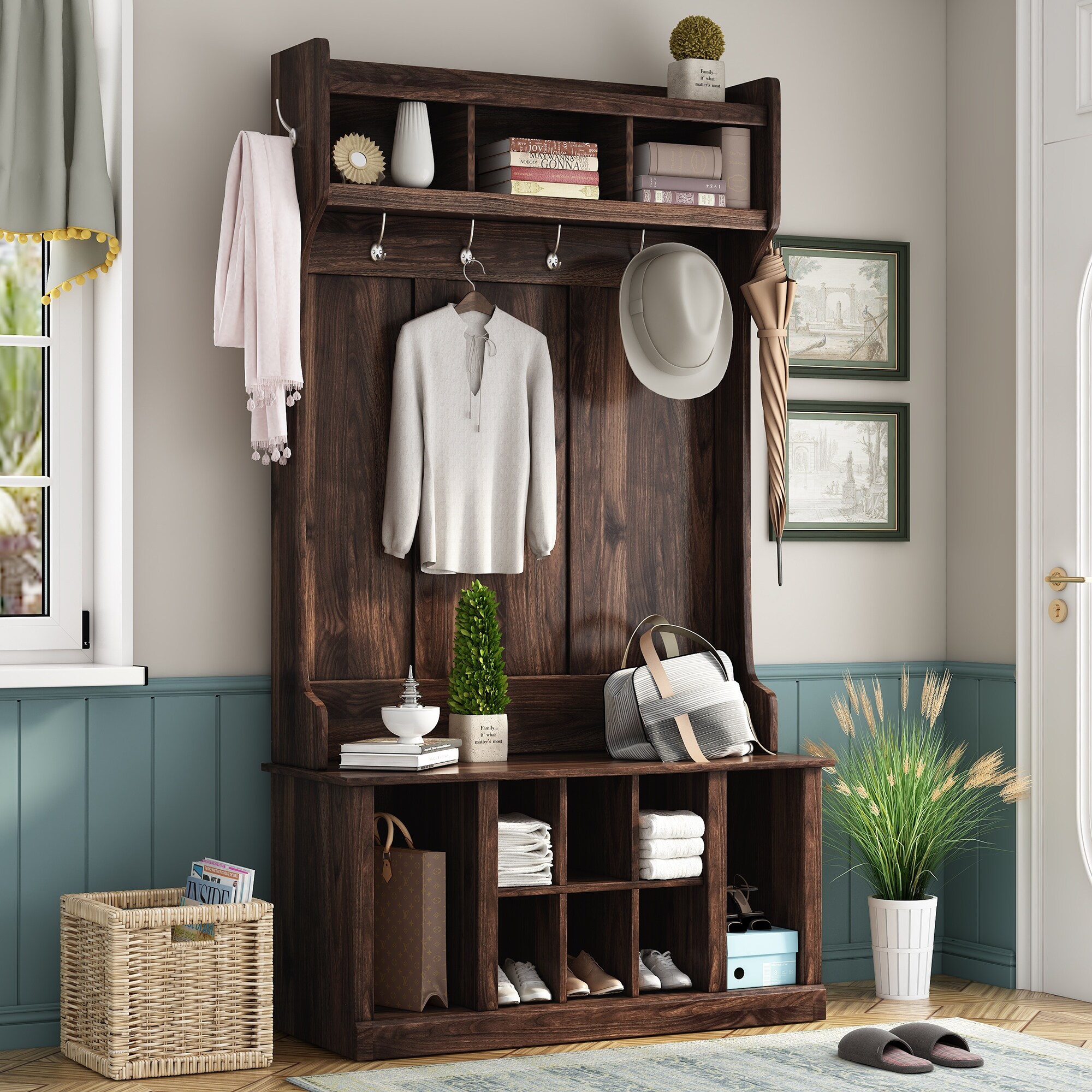 Hallway Coat Rack Bench Shoe Bench with Hooks Featured Living Room Hall Tree Storage Bench with Open Shelves Tiger