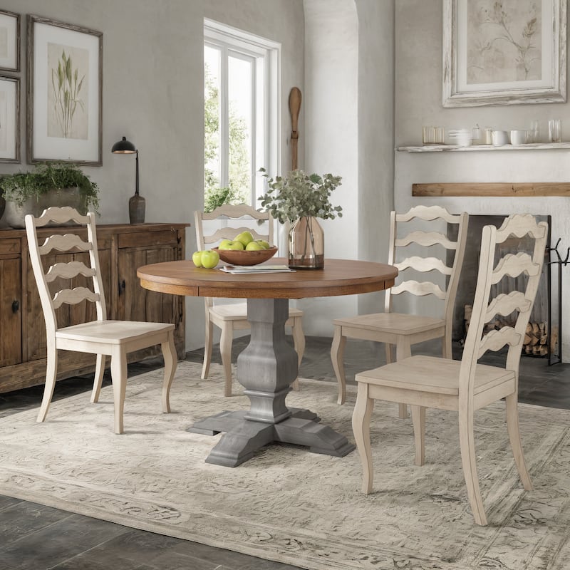 Ronda 45" Round Solid Wood Top Dining Set with French Ladder Back Chairs - Antique Grey Table - Antique White Chairs