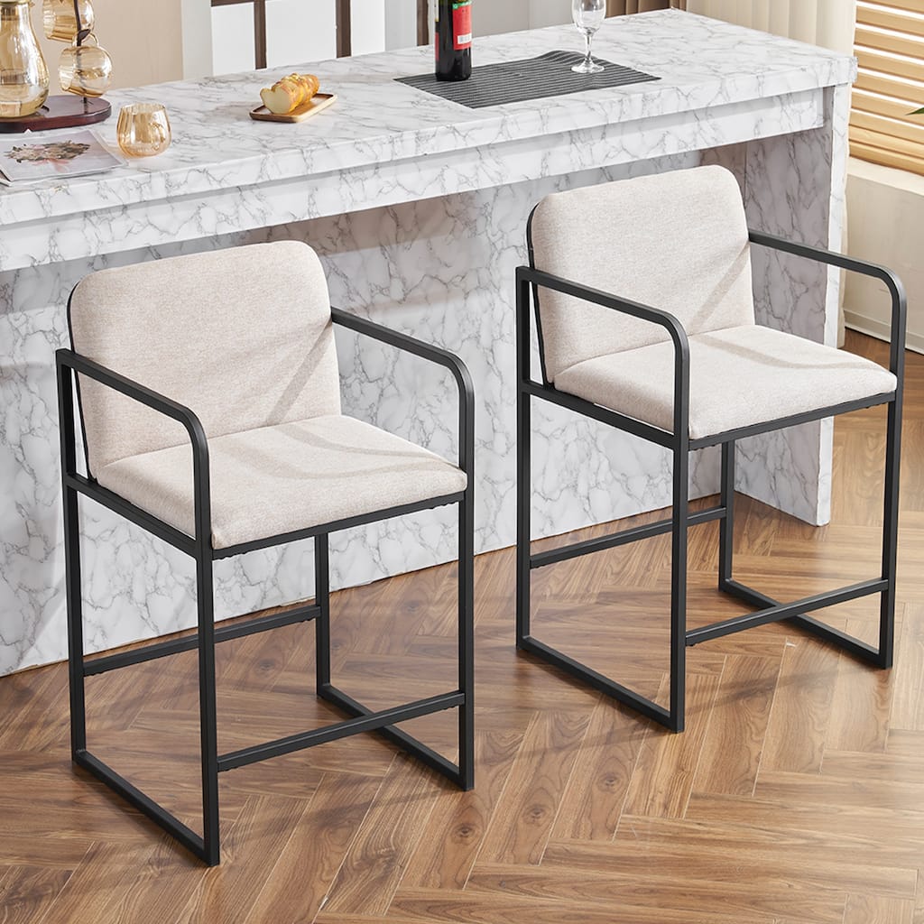 Upholstered Counter Height Bar Stool Set of 2, Armchair with Metal Frame