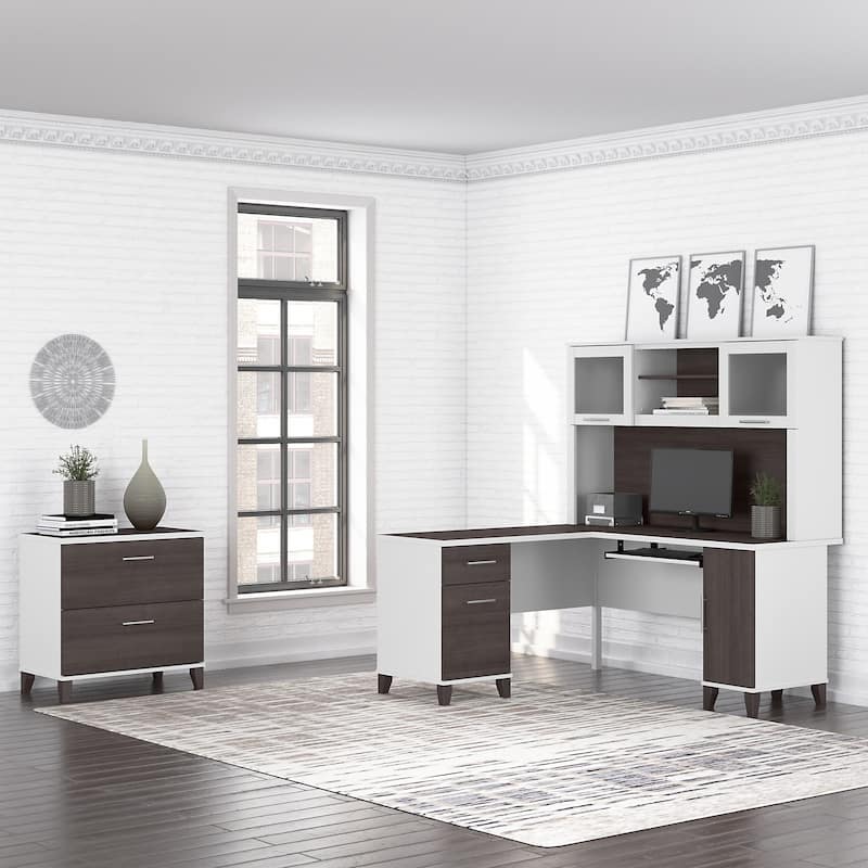 Bush Furniture Somerset Ash Gray 60W Hutch for L Shaped Desk - 59.09"L x 12.50"W x 35.69"H