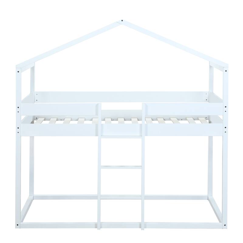 Fairytale House Bed Twin Over Twin Bunk Bed Wood Platform Bed Frame with Ladder Apex Roof Tent for Boys Girls, House-Shaped Bed
