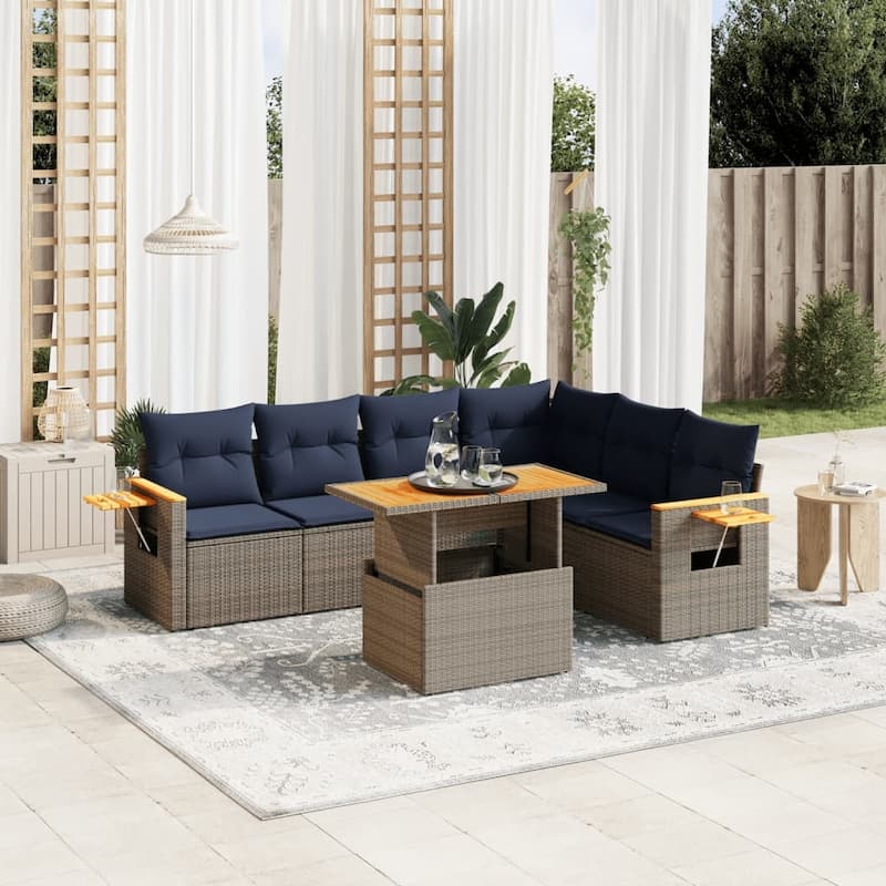 vidaXL Patio Sofa Set with Cushions Outdoor Furniture 7 Piece Poly Rattan - 21.7 x 24.4 x 27.2 - Grey