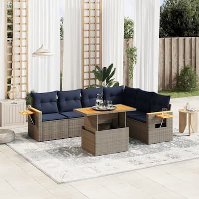 vidaXL Patio Sofa Set with Cushions Outdoor Furniture 7 Piece Poly Rattan - 21.7 x 24.4 x 27.2