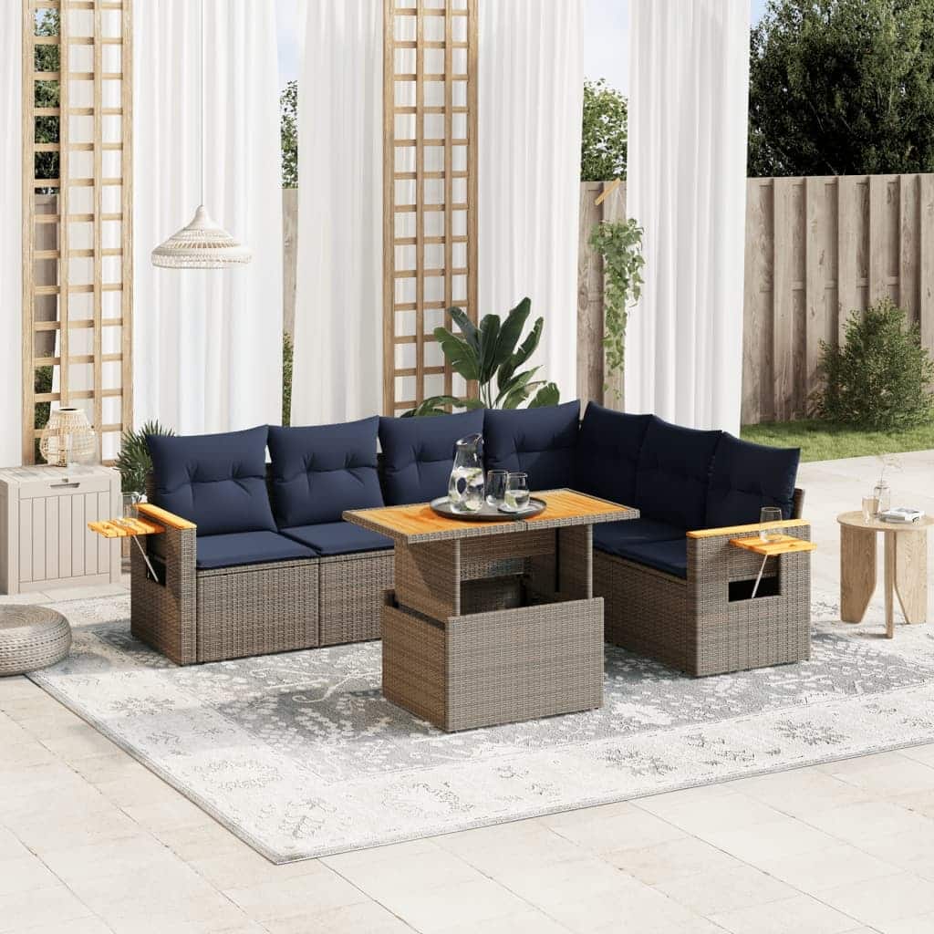 vidaXL Patio Sofa Set with Cushions Outdoor Furniture 7 Piece Poly Rattan - 21.7 x 24.4 x 27.2