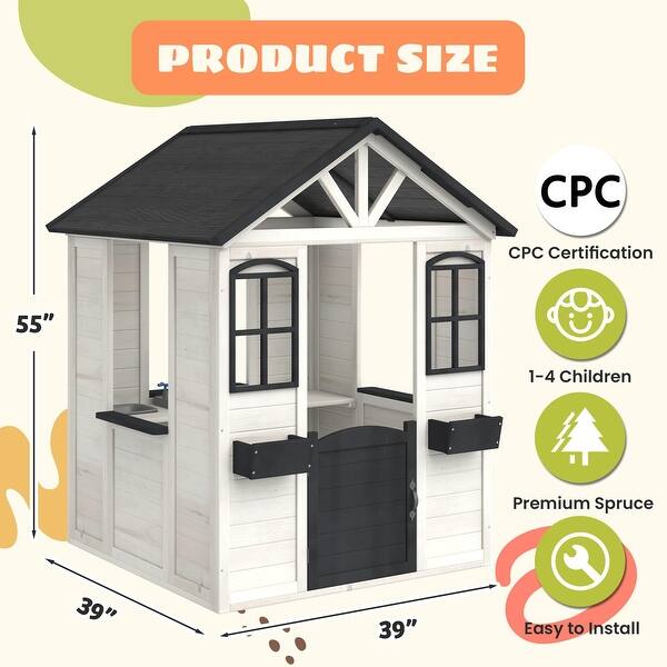 dimension image slide 0 of 2, Kids Wooden Adventure Cottage Playhouse, Outdoor Playhouse with Functional Door, Windows, Service Station and Flower Pot Holders