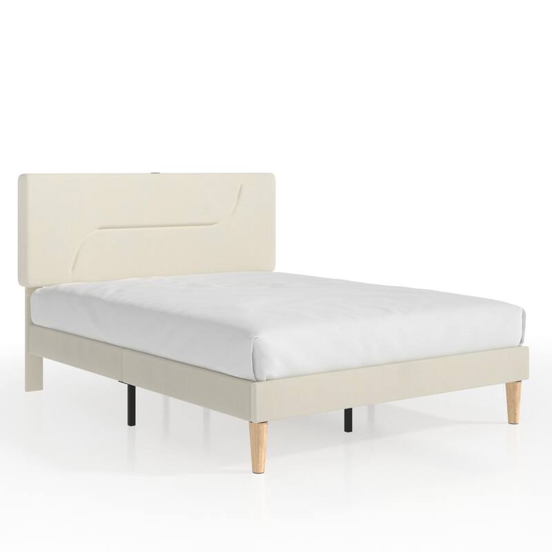 Javlergo Bed Frame with Smart LED Lights, Velvet Bed Frames with USB Charging Station, Modern Platform Bed