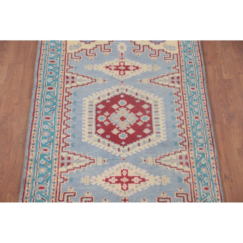 Geometric Kazak Accent Rug Handmade Blue Wool Carpet - 3'0"x 4'11"