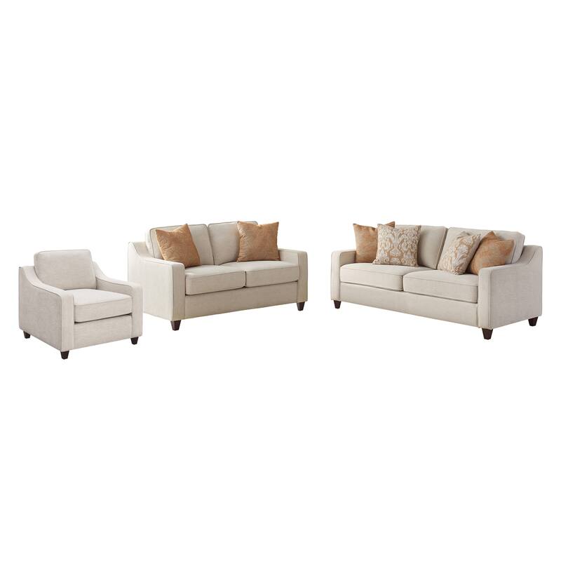 Fabric Upholstered Sofa Set with Cushion Back and Wood Legs in Beige