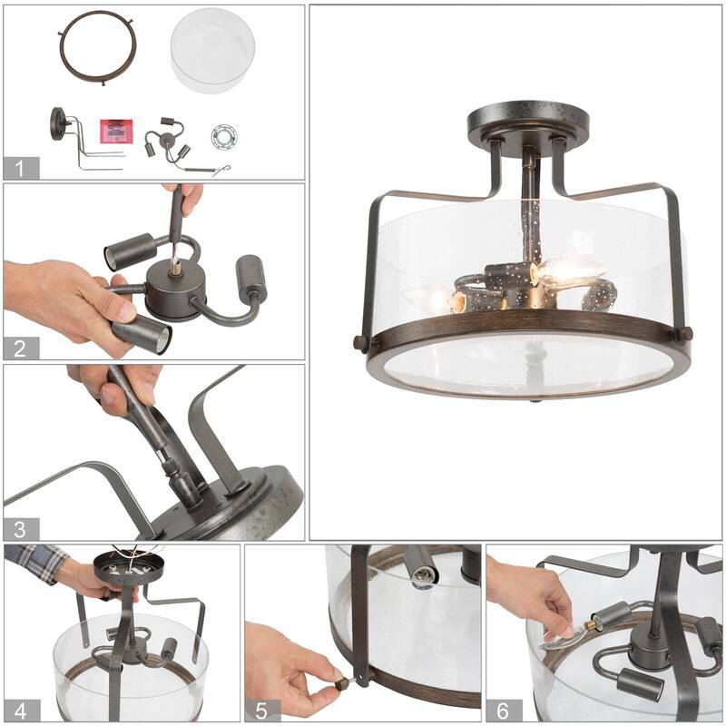 Modern 3-Light Wood Metal Semi Flush Mount Farmhouse Glass Drum Ceiling Lights