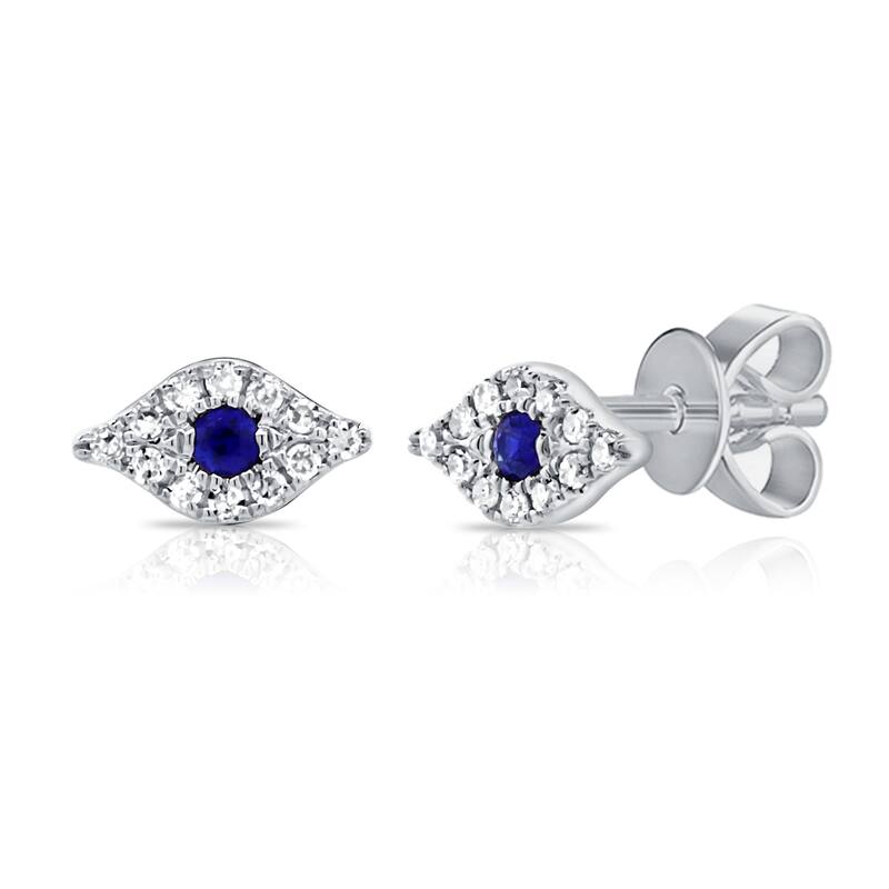Joelle Collection Evil Eye Stud Earrings Sapphire & Diamond 14K Gold - Stud Earrings - White