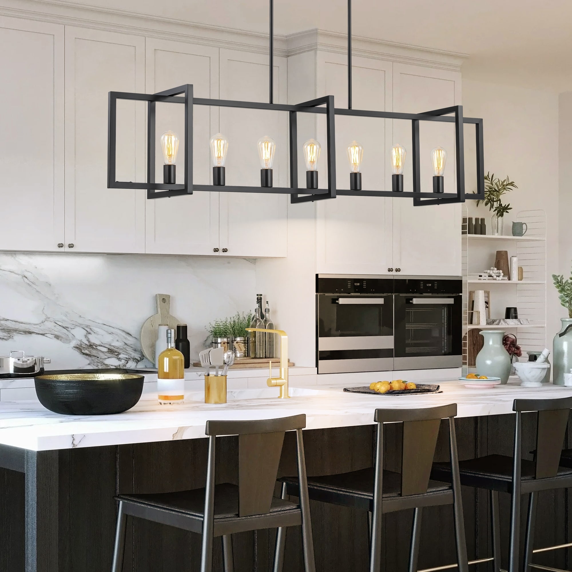 Rennnsan 6/7-Light Industrial Pendant Lights Kitchen Island Lantern Farmhouse Linear Chandelier