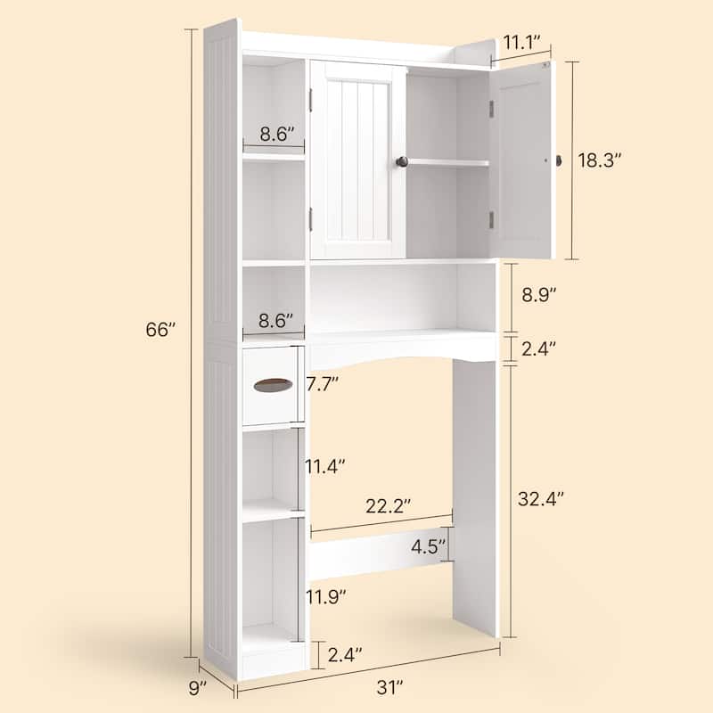 66''H Over The Toilet Storage Cabinet, Bathroom Storage Organizerwith 2 Doors, Paper Holder and Racks, Adjustable Shelf