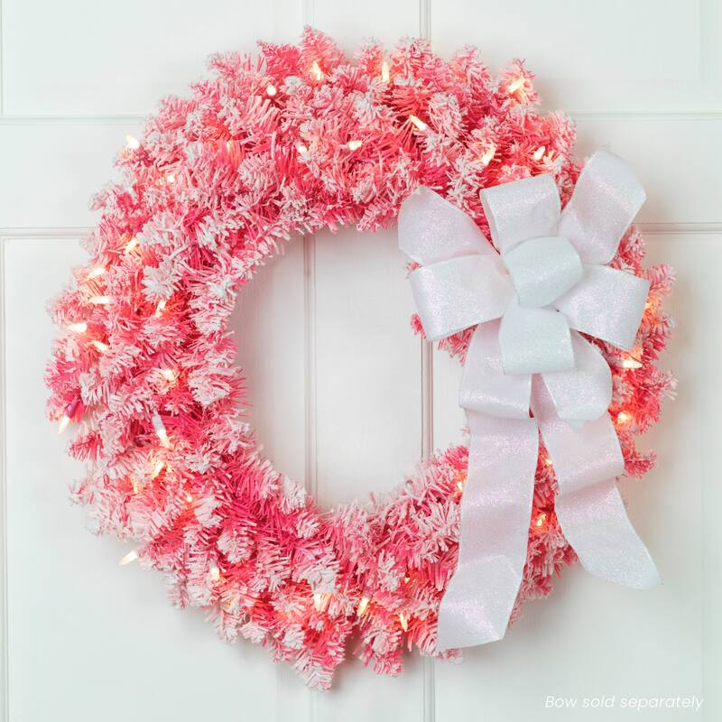 Pre-Lit Flocked Pink Artificial Christmas Wreath 24-Inch, Clear Lights