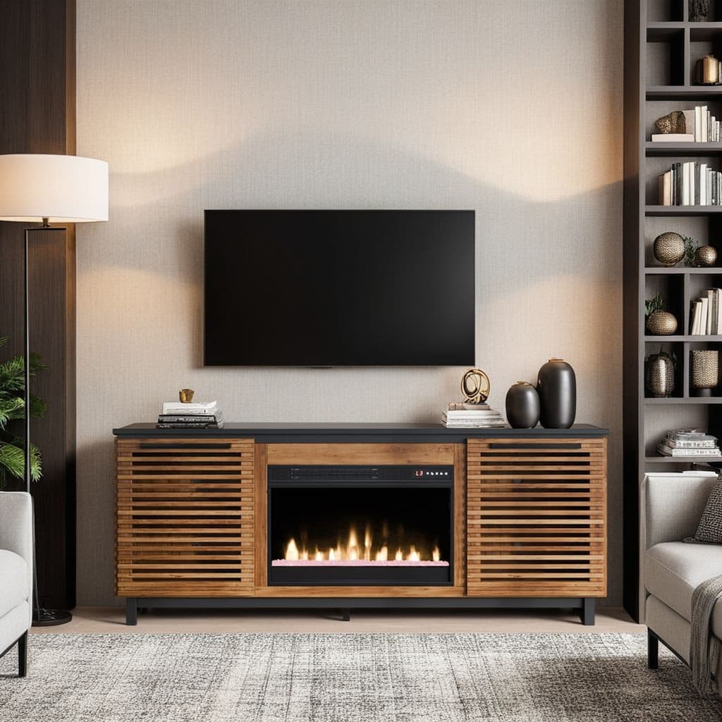 Bridgevine Home Graceland 69 inch Fireplace TV Stand Console for TVs up to 80 inches, Bourbon and Black Finish