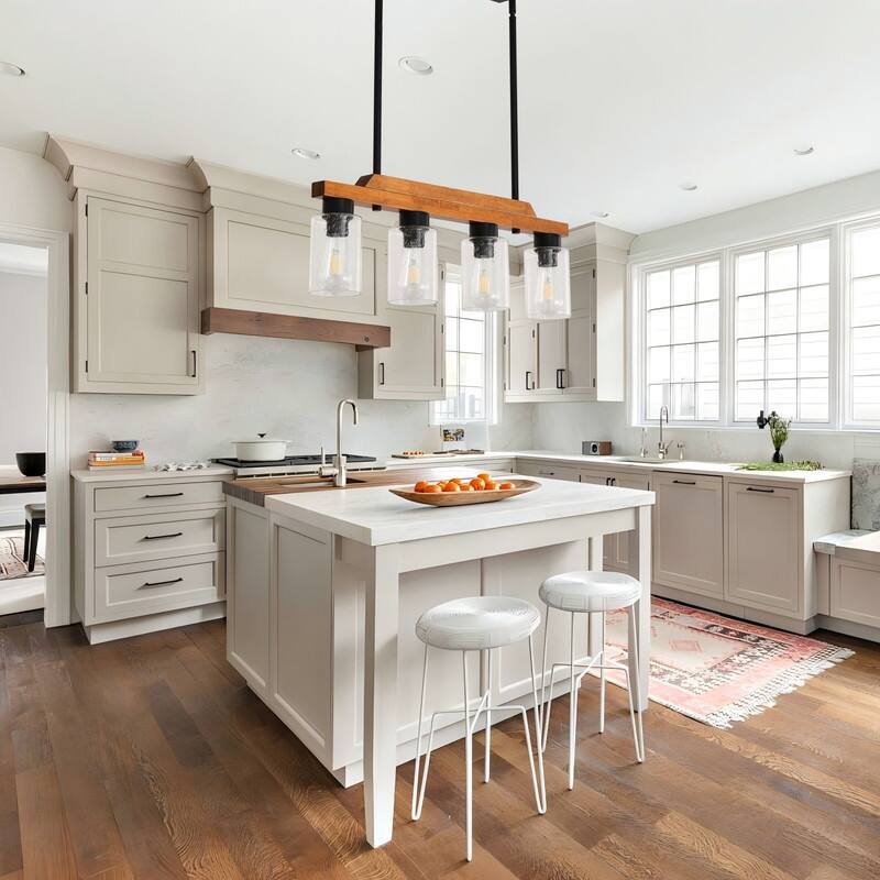 Farmhouse Chandelier for Dining Room Kitchen Island Rustic Wood Linear Pendant Light with Seed Glass Shade