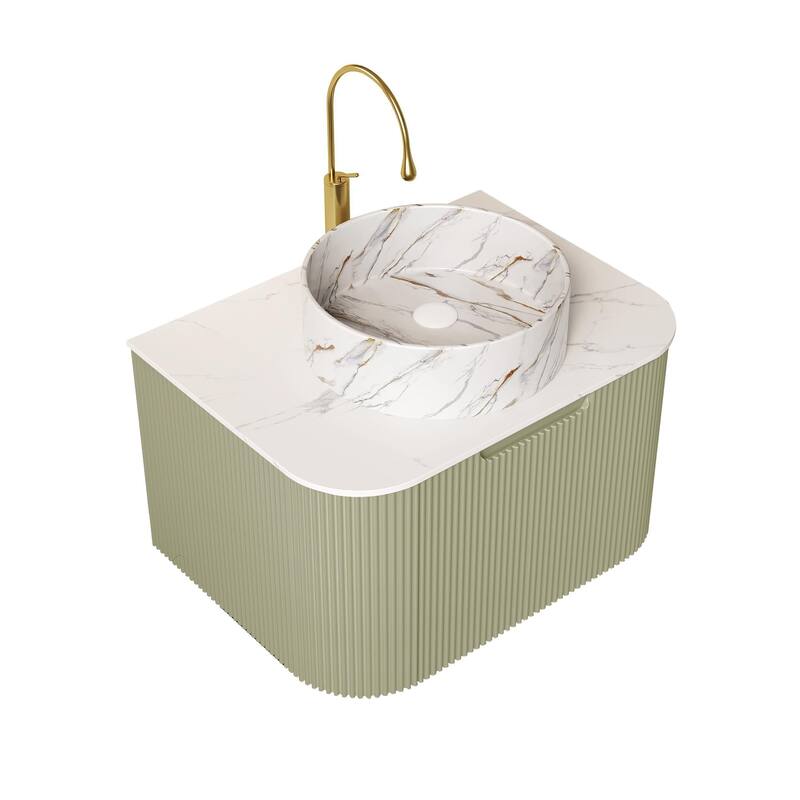 Floating Bathroom with Round Ceramic Basin and Storage Drawer