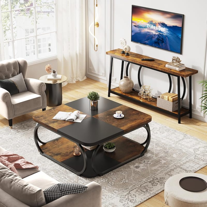 39" Large Square Wood Coffee Table, 2 Tier Tea Table with Storage Shelf, Center Table for Living Room & Home Office