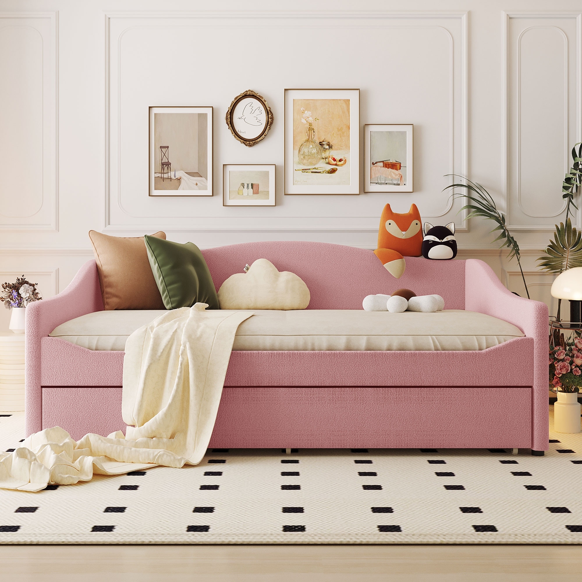 Pink upholstered daybed shop with trundle