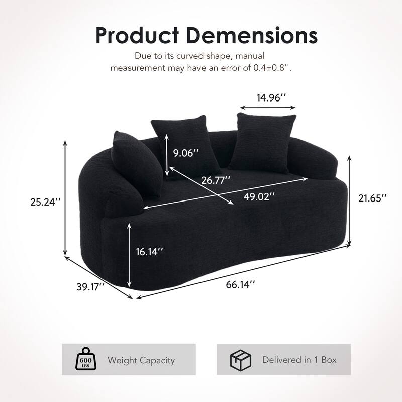 Black Loveseat Sofa Couch Sleeper Sofa Couch with 3 Pillows, Luxurious Upholstered 2-Seater Sofa Couch