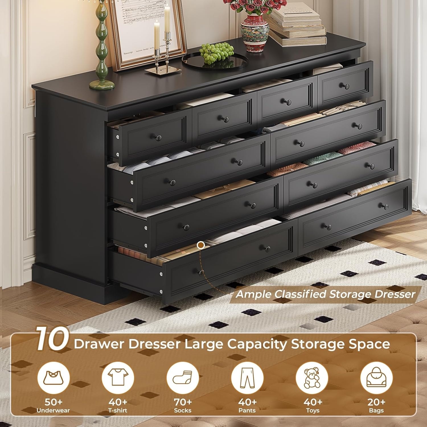 10 Drawers Dresser 55" Large Drawers Wood Dressers & Chest of Drawers