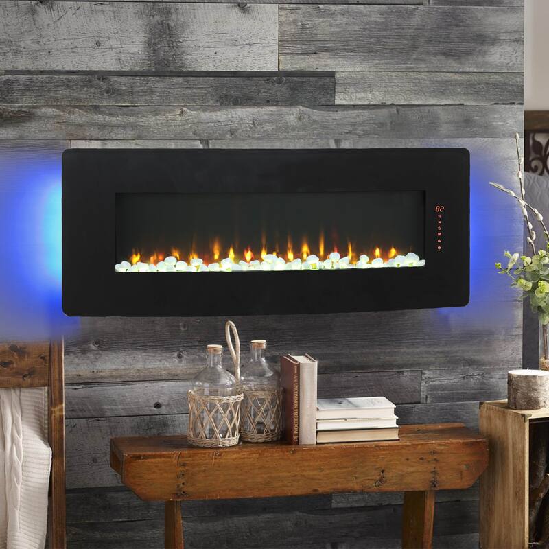 48" Wall Mounted Electric Fireplace with Curved Front, Adjustable Flame, Ember Bed, and Remote Control
