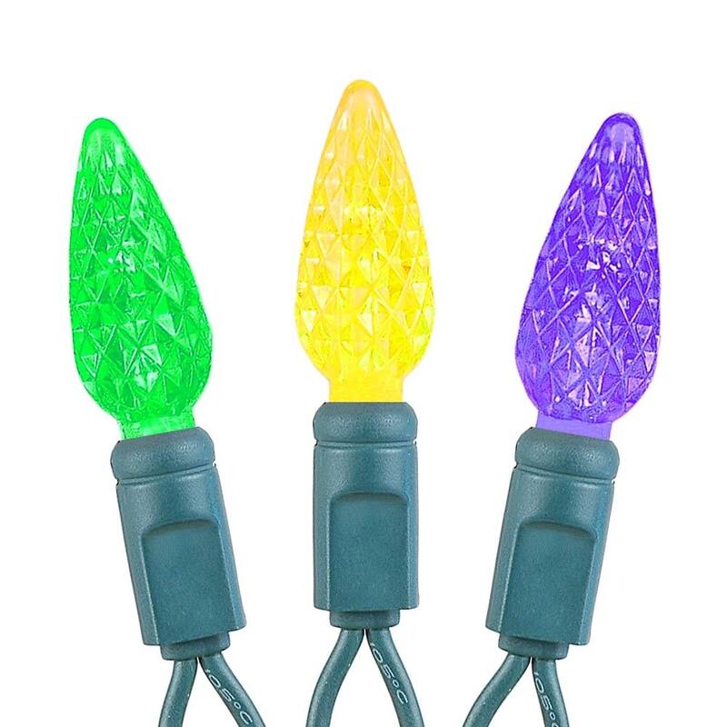 70 Light C6 LED Christmas Mini Light Set, Yellow/Purple/Green, Green Wire, 24' - Large