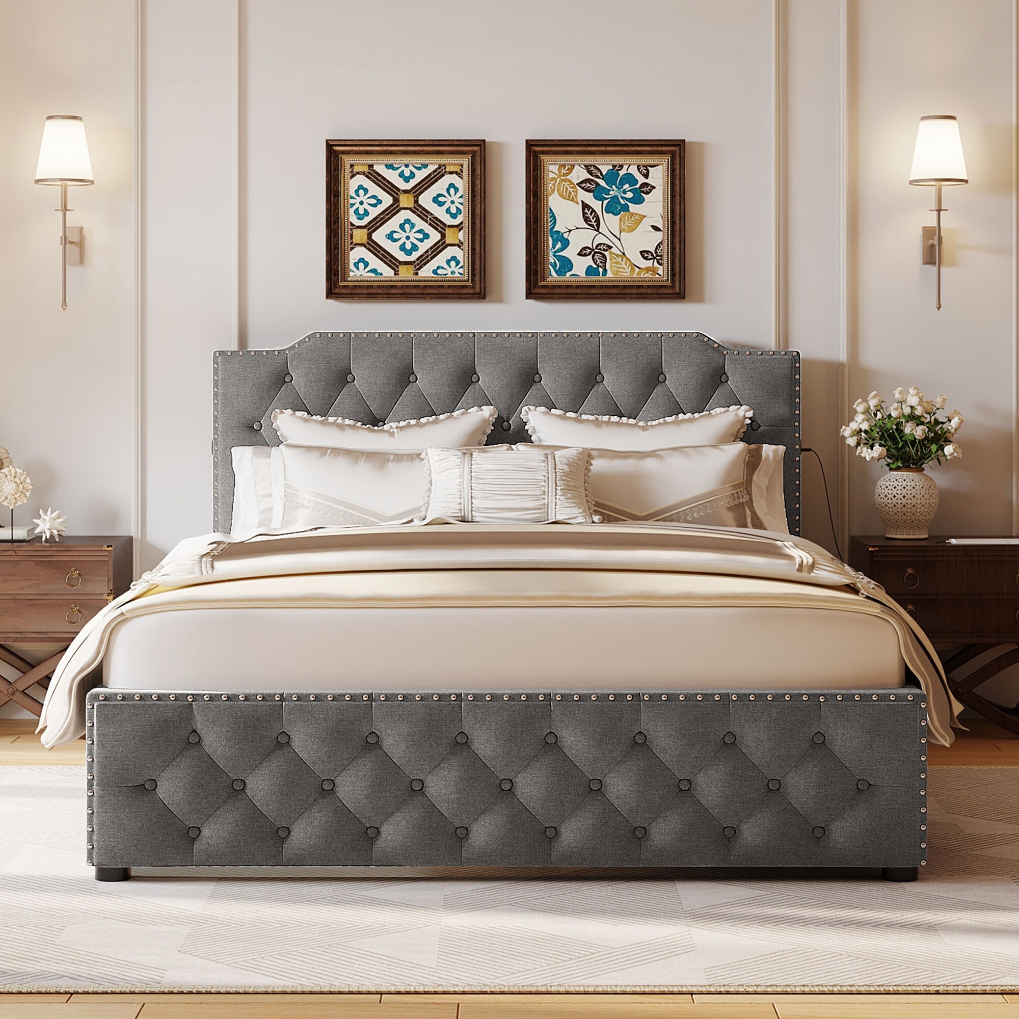 Queen Platform Storage Bed w 2 Drawers 2 Sets of USB Ports Gray