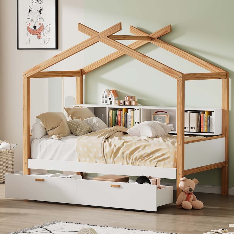 White Full Size Wooden House Bed with Two Drawers and Bookshelf