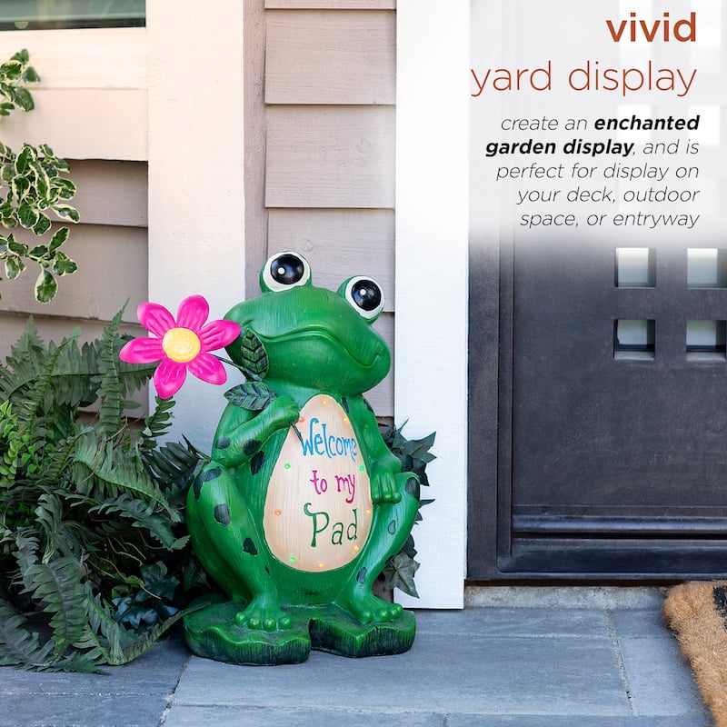 Alpine Corporation 18" Tall Outdoor Frog with Color Changing LED Lights and Welcome Sign Yard Statue