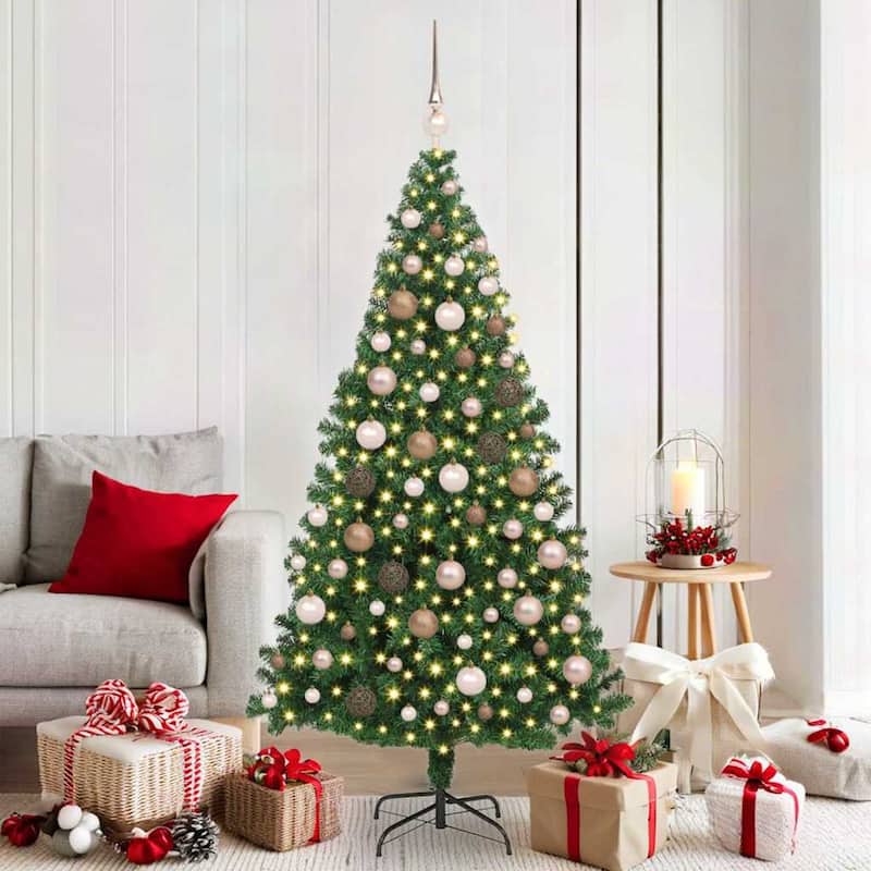 vidaXL Artificial Christmas Tree Green 70.9" PVC and Steel and Plastic - Green with 120 rose gold balls - 6 Foot