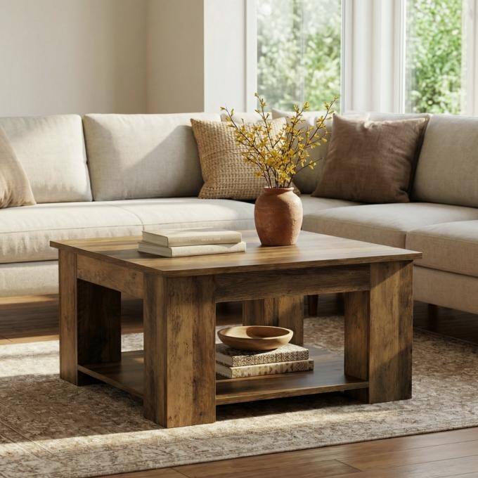 31.49" Square Coffee Table, Wooden Center Table with Storage