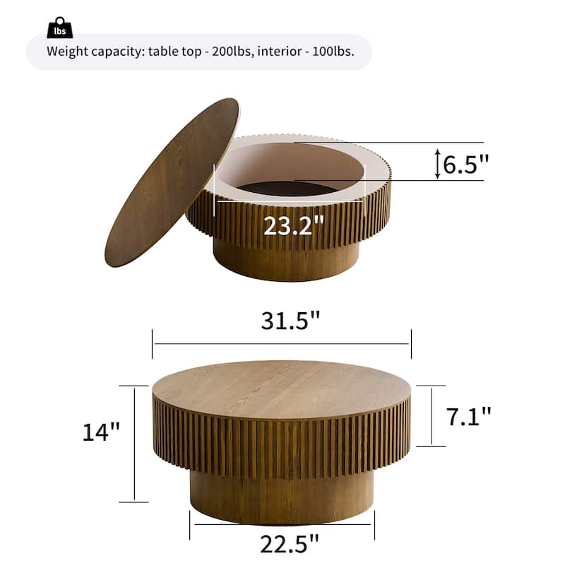 Modern 31.5" Round Coffee Table with Storage Solid Wood Veneer for Living Room and Bedroom Use