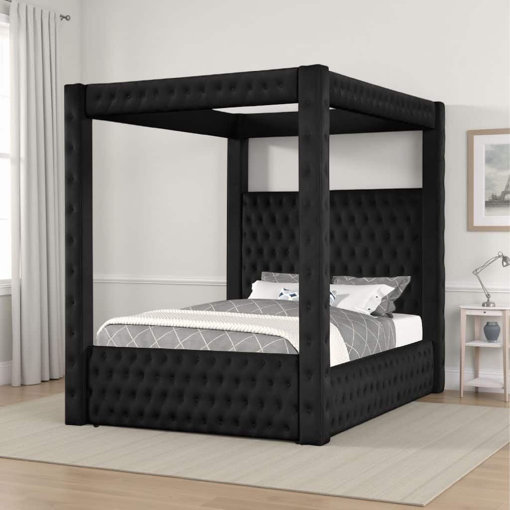 Beli Queen Size Canopy Bed, Tufted Design, Black Velvet Upholstery