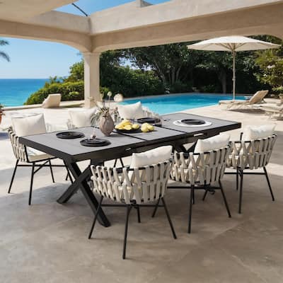 7-Piece Expandable Outdoor Dining Set with Polyester Tape Chairs