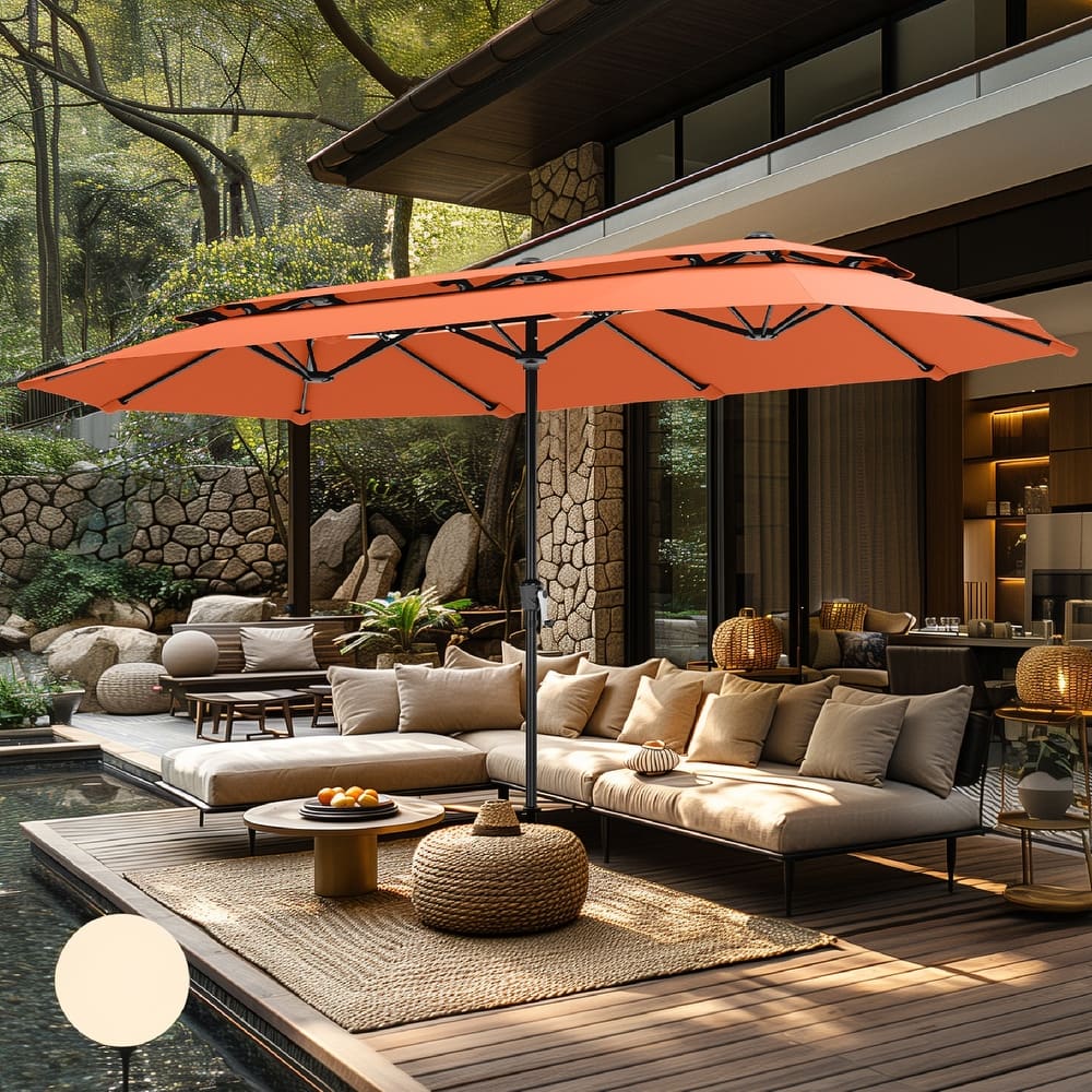 MAISON ARTS 2-Tier Double-Sided 13-foot Twin Outdoor Market Crank Umbrella with Colored Lights and Base Included