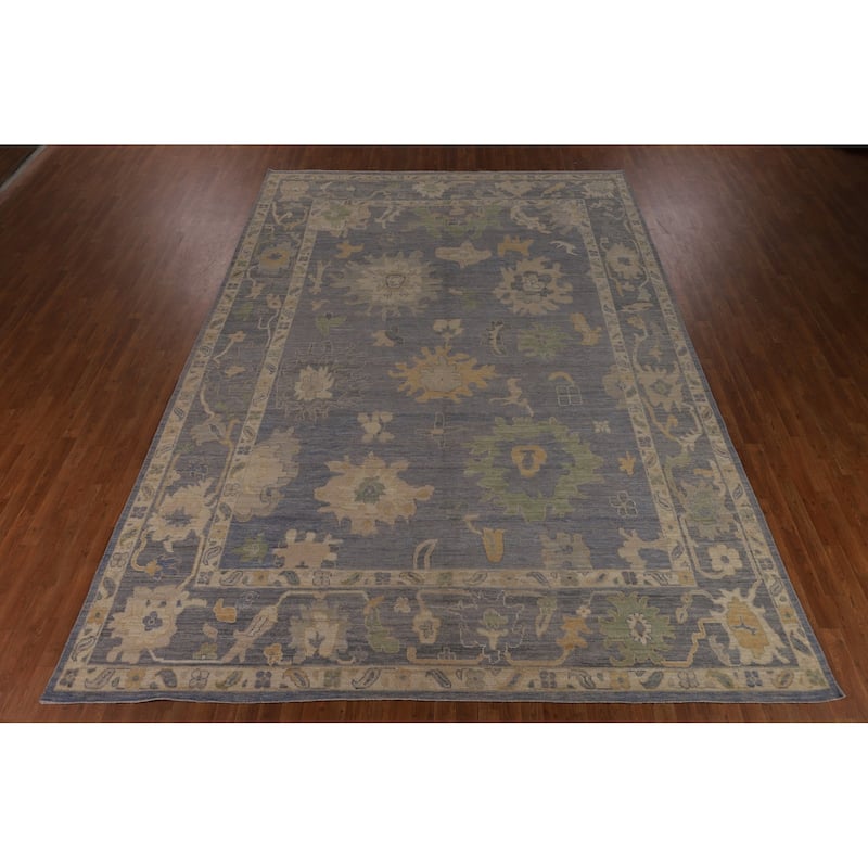 Blue Floral Oushak Turkish Large Rug Hand-Knotted Wool Carpet - 9'11"x 14'0"