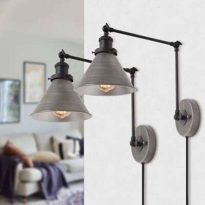 Modern Set of 2 Plug-in Adjustable Brushed Silver Swing Arm Light Wall Sconce for Bedroom