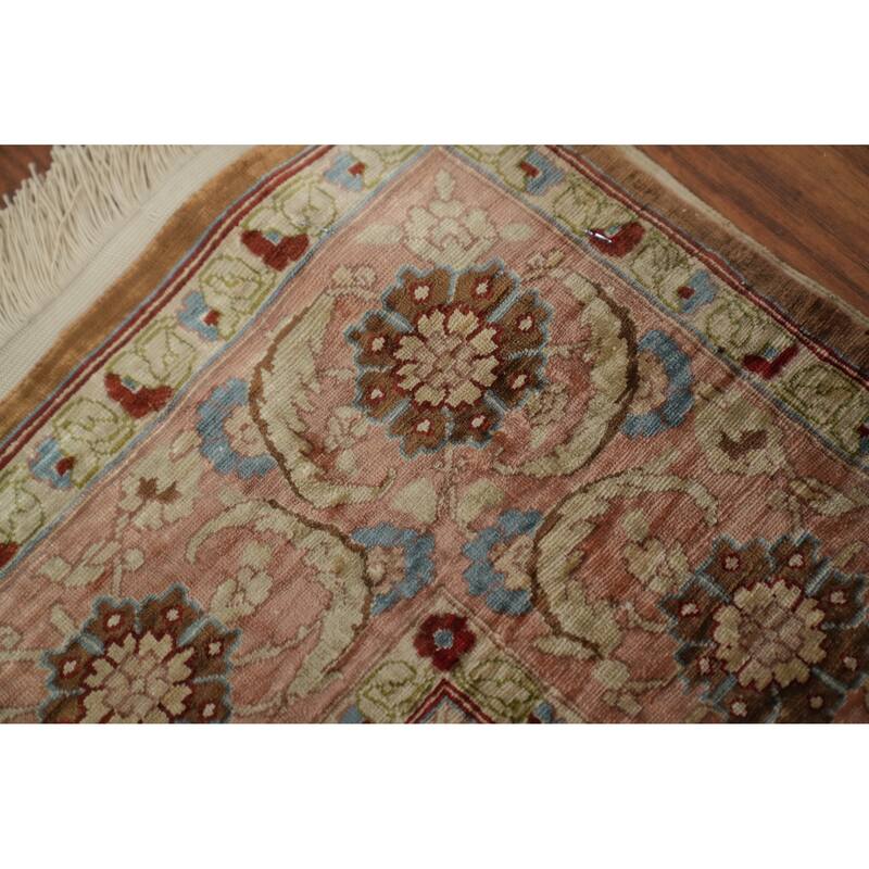 Hand Knotted Traditional Silk Brown Floral Area Rug - 3' 10'' X 2' 4''
