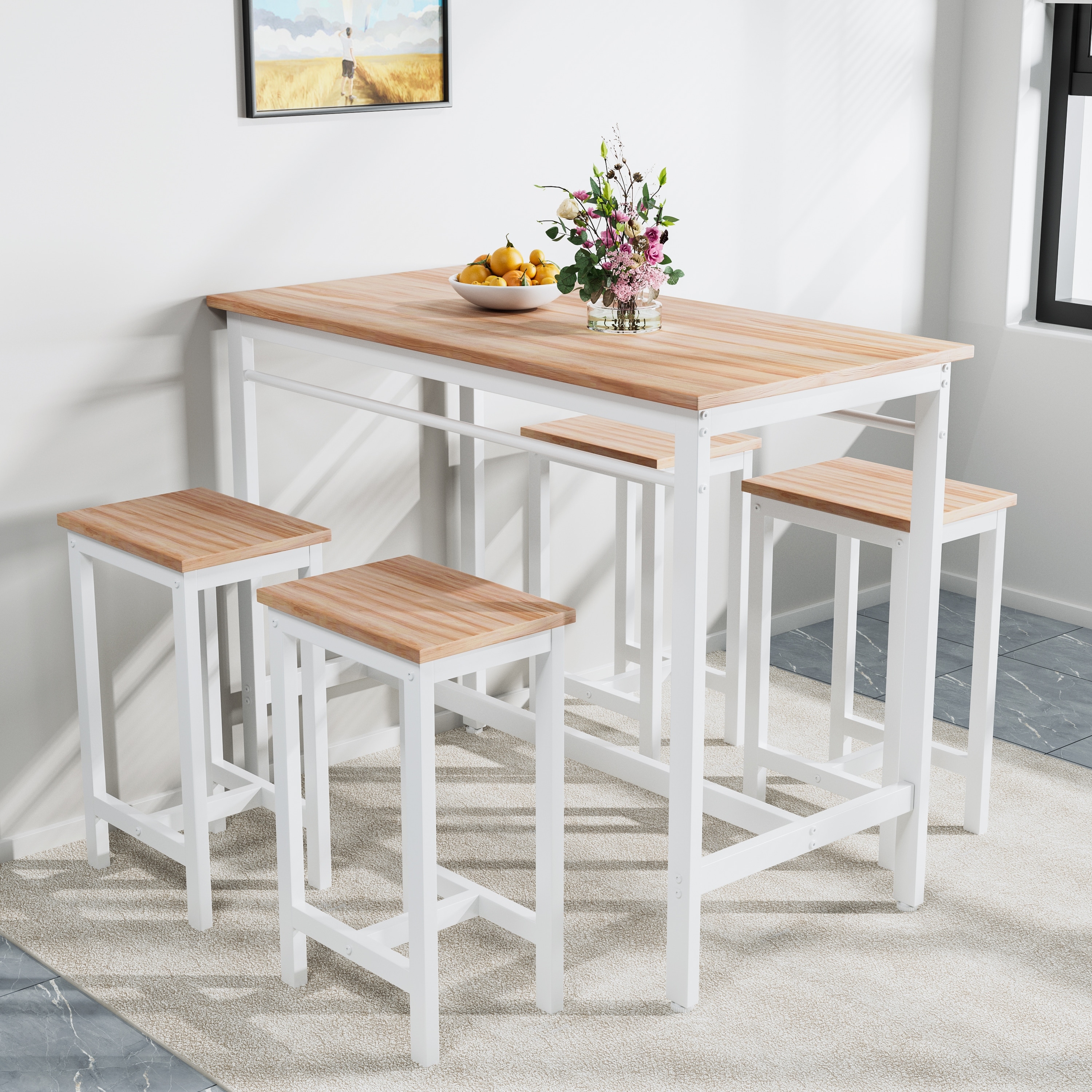 5-piece Modern Kitchen Table with Four Bar Stools Bar with Metal Frame and MDF