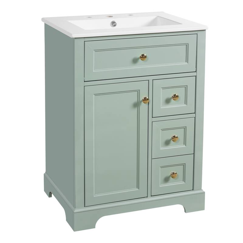 24" Bathroom Vanity with Sink, MDF & Pinewood Construction, 3 Drawers & Cabinet with 2-Tier Door Storage Rack, Soft-Close