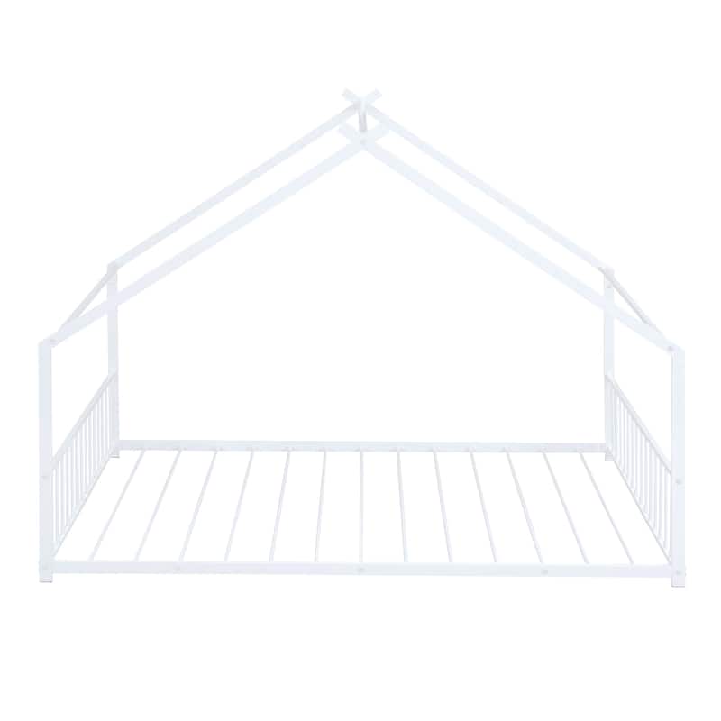 Metal House Bed with Roof, Fence, and Back