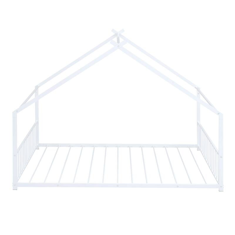 Twin/Full Size Montessori Floor Bed for Kids, Metal House Bed Frame w/Fence & Roof, Kids Playhouse Bed, Metal Platform Bedframe