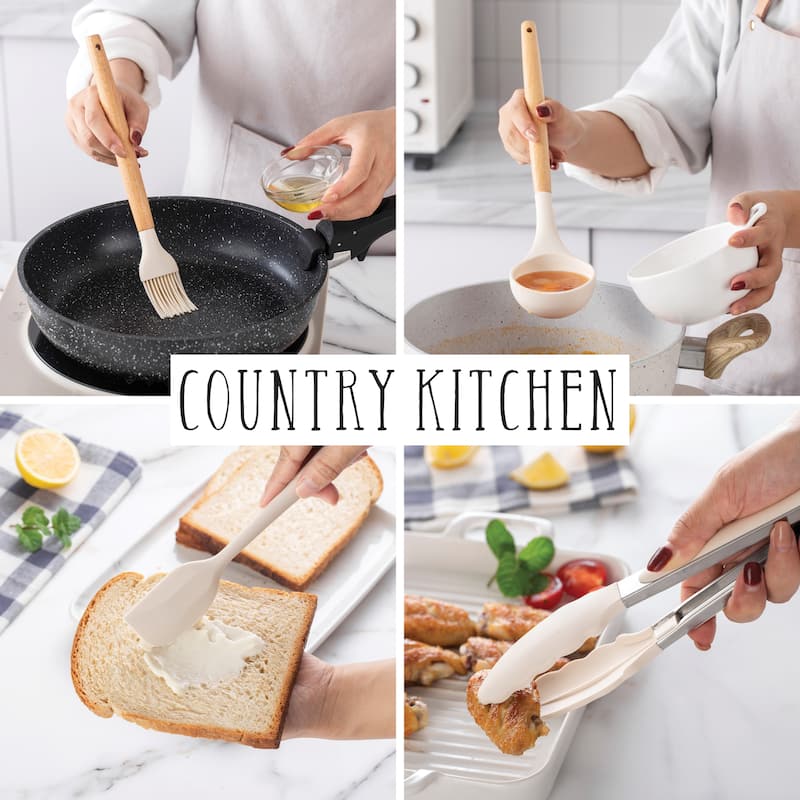 Country Kitchen Non Stick Silicone Utensil Set with Rounded Wood Handles for Cooking and Baking, 38 Piece Set