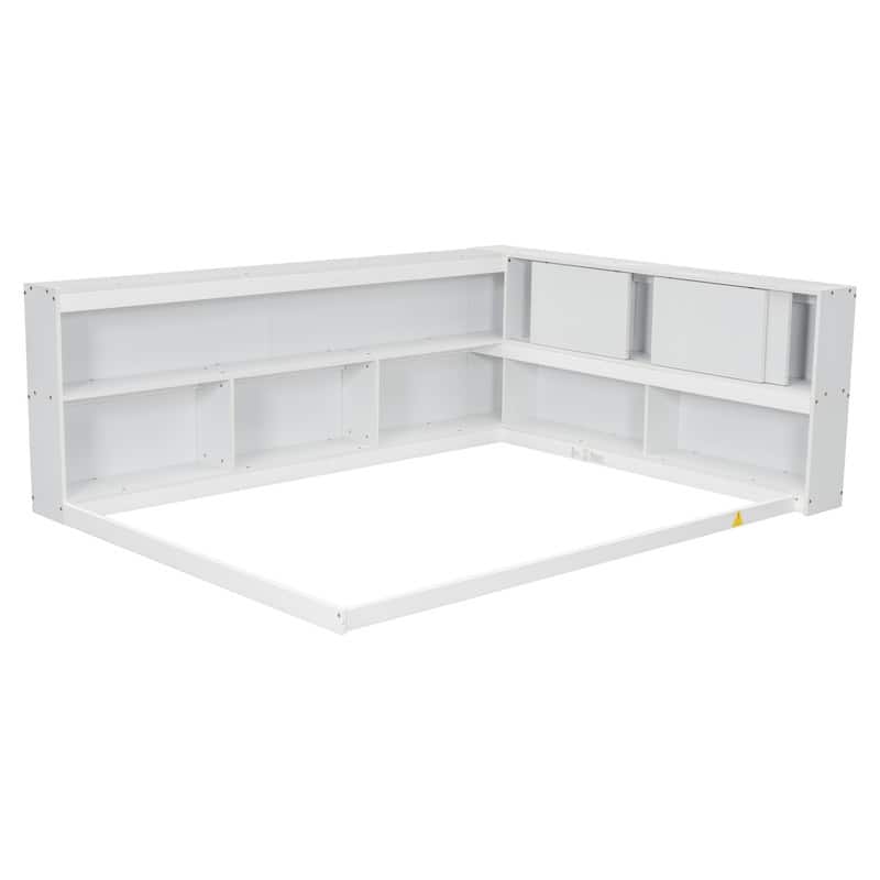 Full Floor Bed Frame with L-shaped Bookcases, Sliding Doors,without Slats