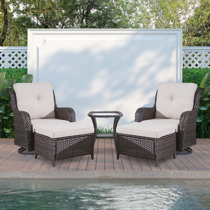 Gymojoy 5-piece Outdoor Wicker Swivel Rocking Chair Table with Ottoman - Brown/Beige