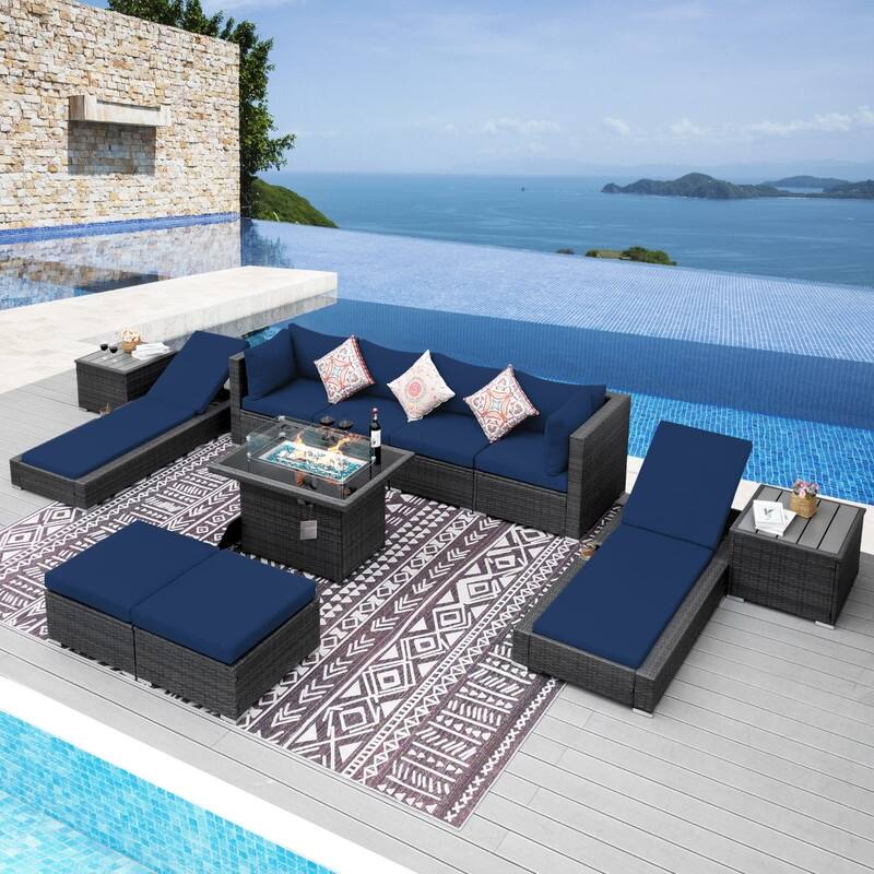 FINCATI 11 Pieces Patio Furniture Set Outdoor Sectional Sofa with Firepit Table - Navy Blue
