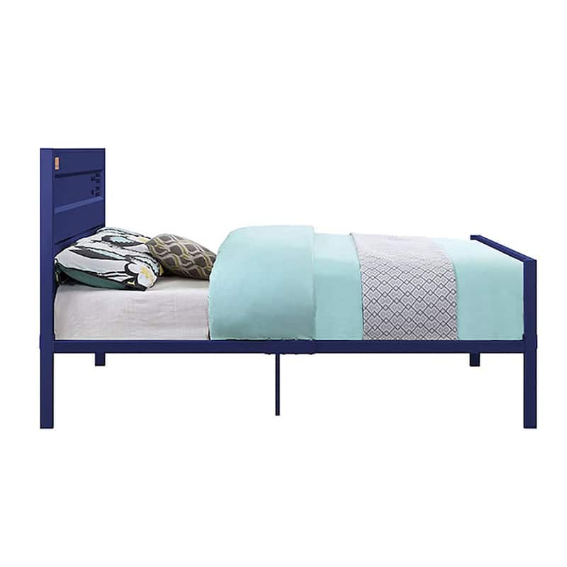 Blue Industrial Metal Full Platform Bed with Rectangular Headboard and Footboard
