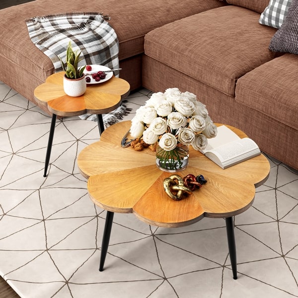 slide 2 of 13, COZAYH Rustic Farmhouse Accent Coffee Table, Splicing Petal Farmhouse End Table for Living Room, Multi-color Finish Coffee Table Set