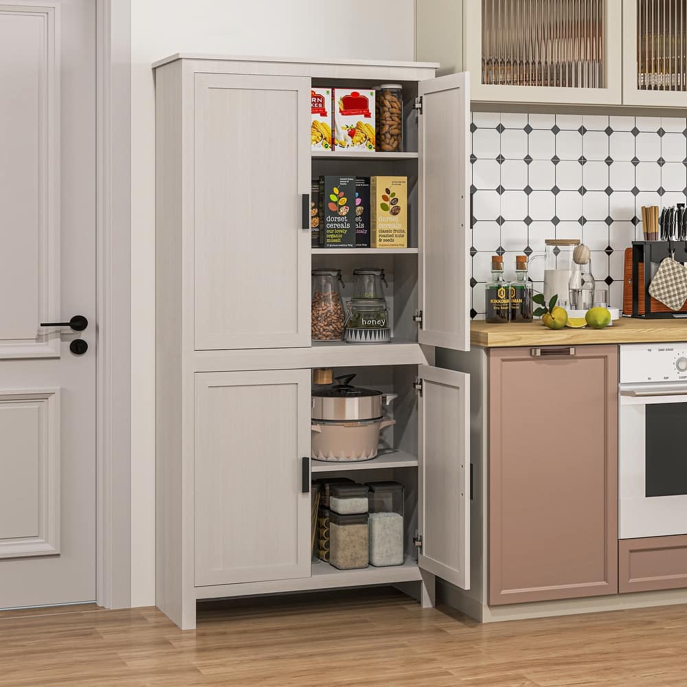 HOMCOM 64" Kitchen Pantry Cabinet, Freestanding Storage Cabinet with 4 Doors and 3 Adjustable Shelves for Dining Room